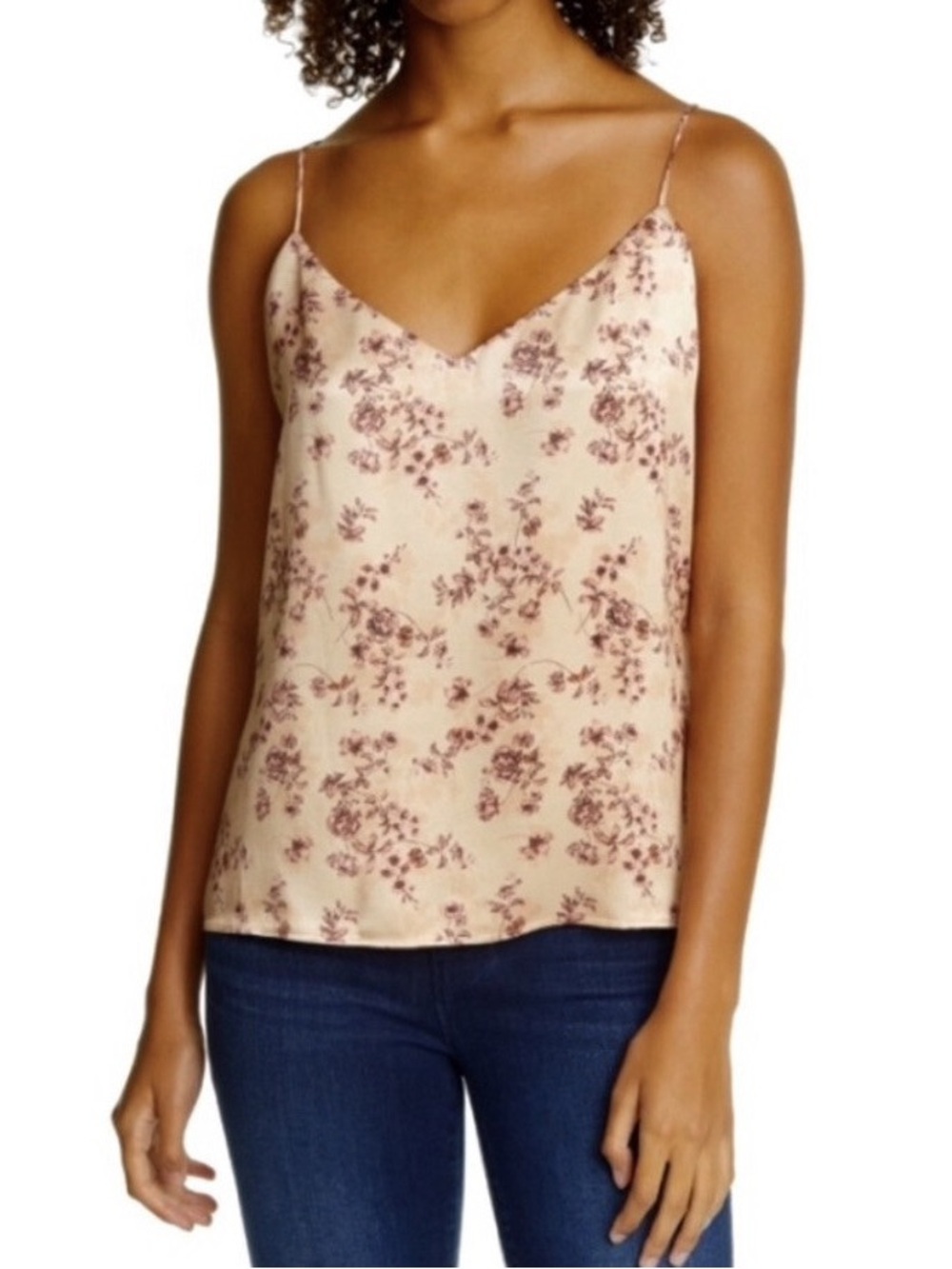 L’AGENCE Jane Blush Floral Print Silk Charmeuse V-Neck Spaghetti Strap Tank L